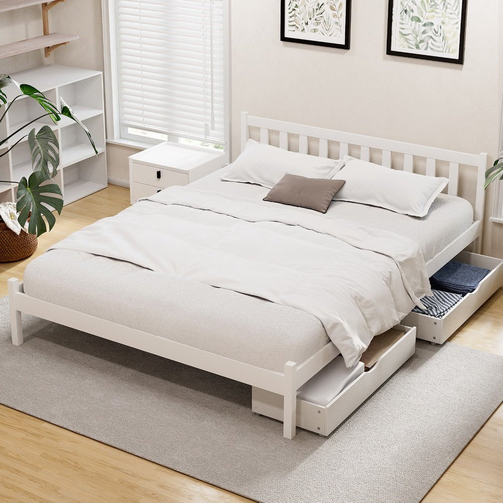 Bed Frame Queen Size Wooden Platform with 2 Storage Drawers White - Furniture > Bedroom > Beds & Bed Frames - Rivercity House & Home Co. (ABN 18 642 972 209) - Affordable Modern Furniture Australia