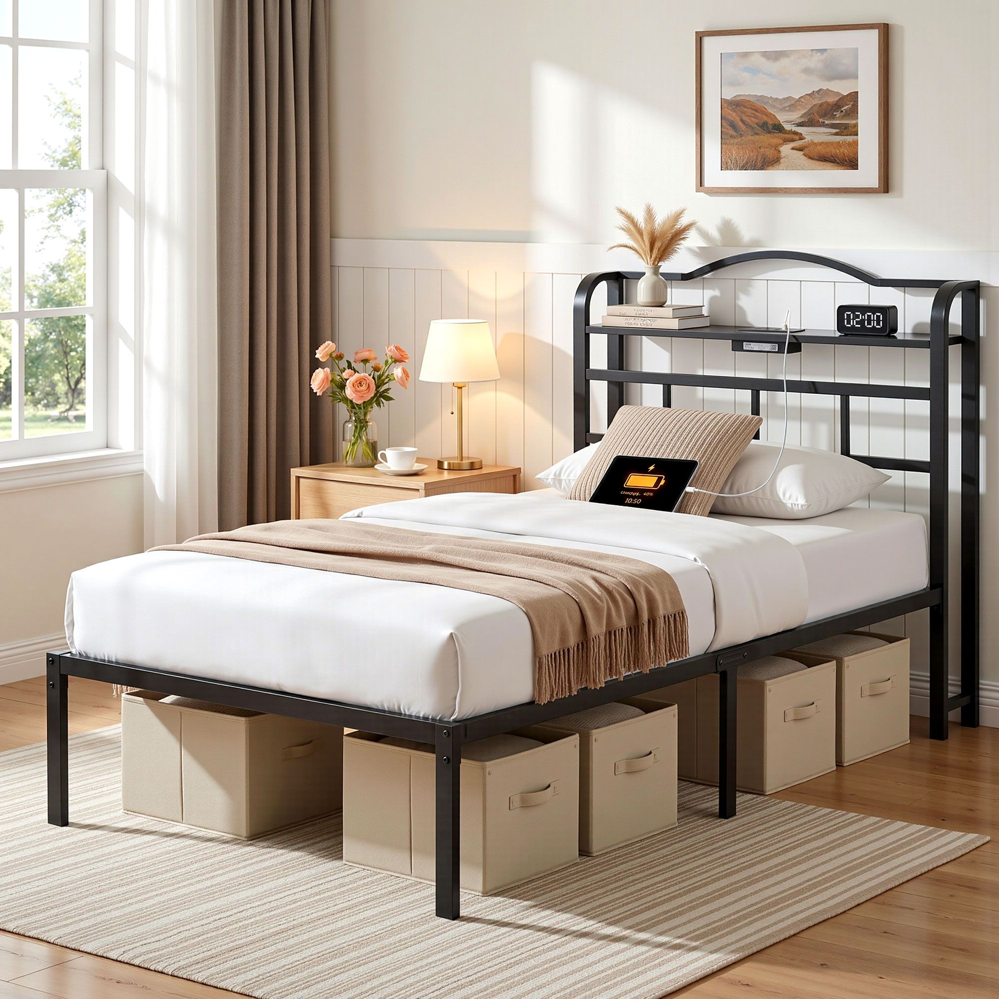 Bed Frame Single Size with Charging Station WAVE - Furniture > Bedroom > Beds & Bed Frames - Rivercity House & Home Co. (ABN 18 642 972 209) - Affordable Modern Furniture Australia