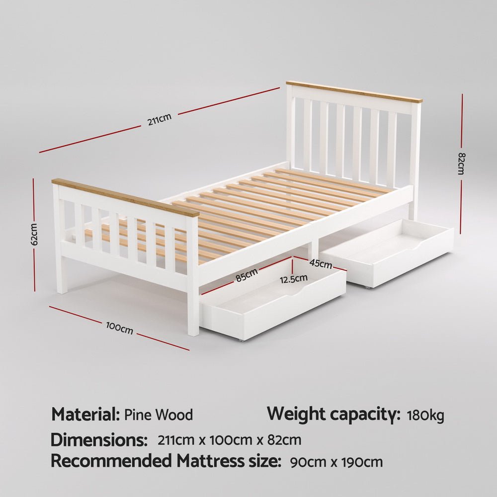 Bed Frame Single Size Wooden Platform with 2 Storage Drawers White PONY - Furniture > Bedroom > Beds & Bed Frames - Rivercity House & Home Co. (ABN 18 642 972 209) - Affordable Modern Furniture Australia