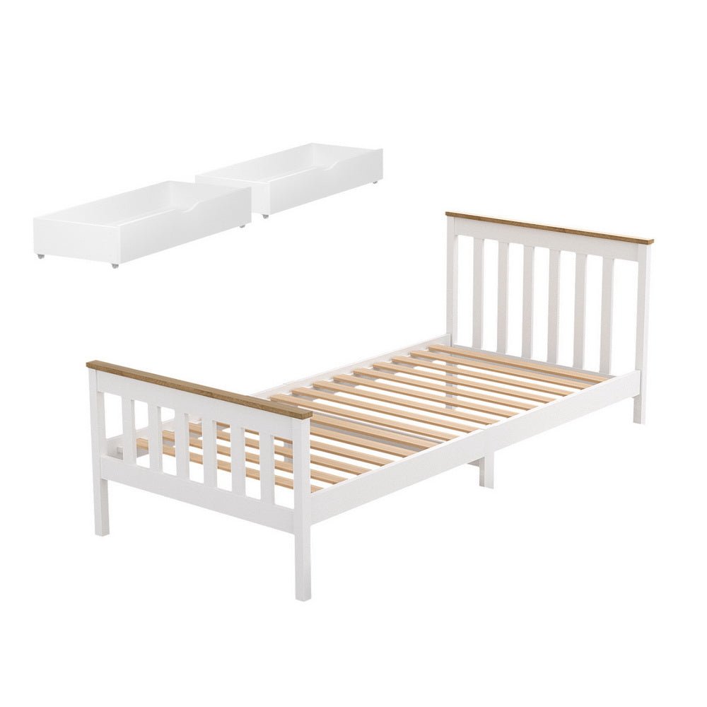 Bed Frame Single Size Wooden Platform with 2 Storage Drawers White PONY - Furniture > Bedroom > Beds & Bed Frames - Rivercity House & Home Co. (ABN 18 642 972 209) - Affordable Modern Furniture Australia