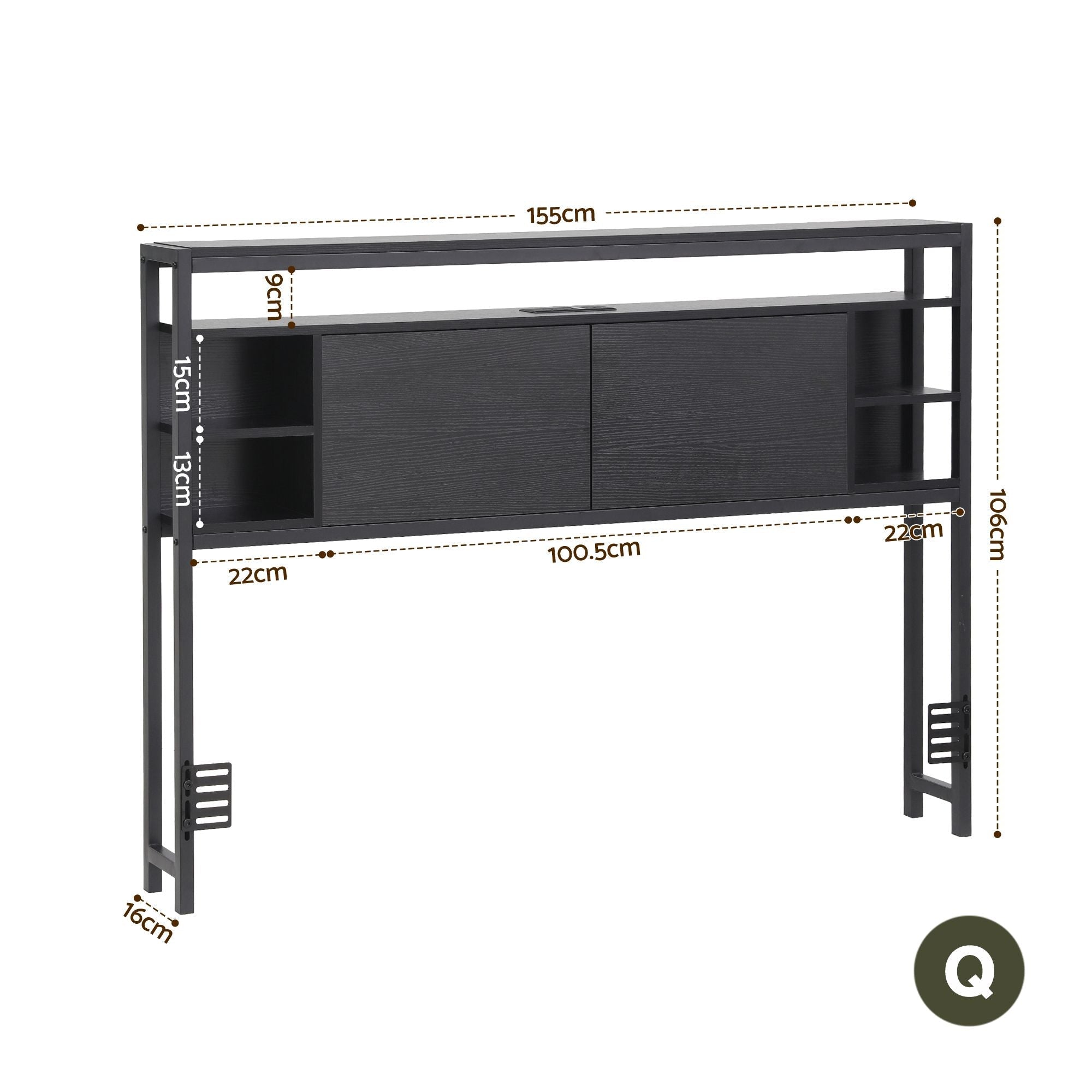 Bed Headboard Queen Storage Bedhead Charging Station Black - Furniture > Bedroom > Headboards - Rivercity House & Home Co. (ABN 18 642 972 209) - Affordable Modern Furniture Australia