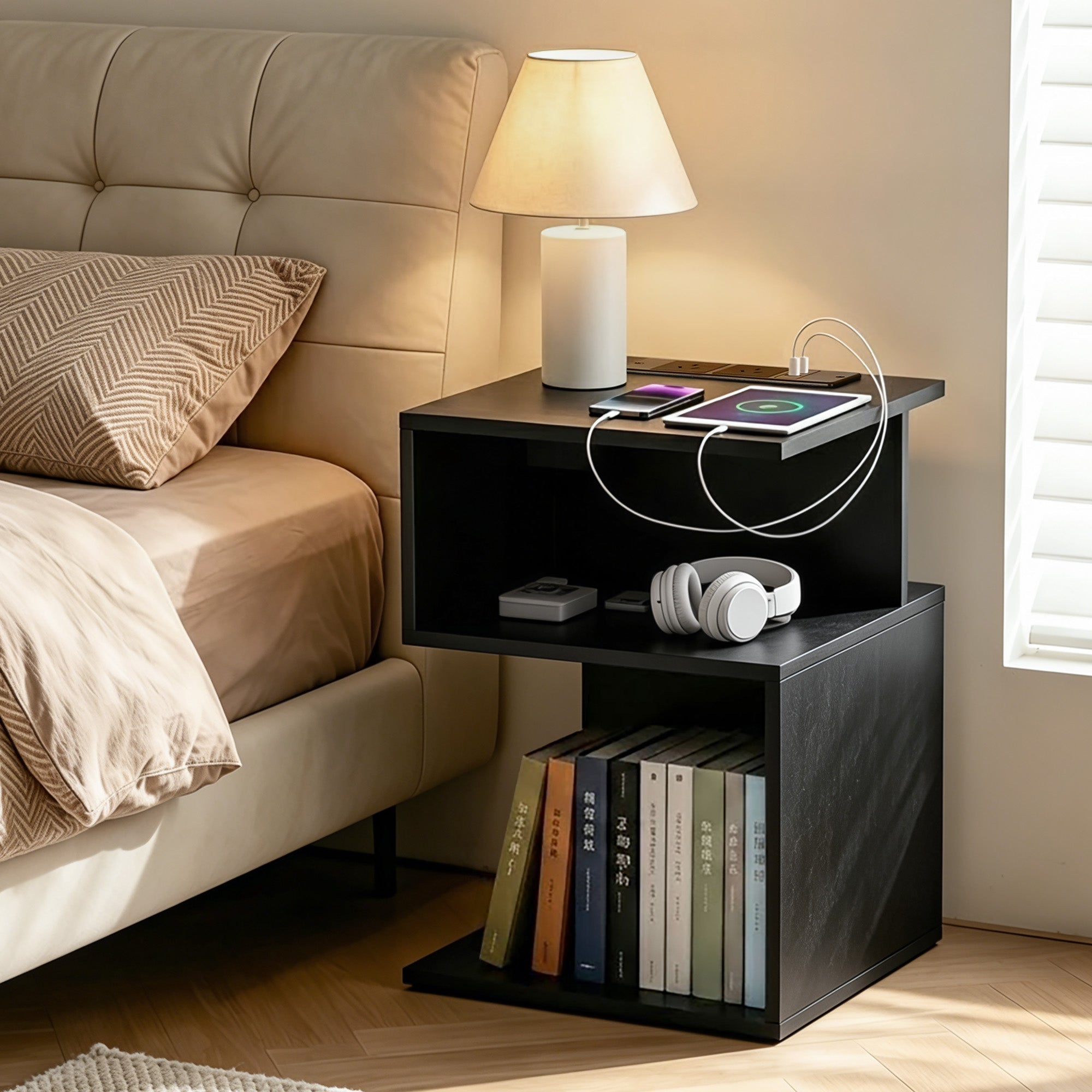 Bedside Table 2 Shelves S - Shaped Charging Station Black - Furniture > Bedroom > Bedside Tables - Rivercity House & Home Co. (ABN 18 642 972 209) - Affordable Modern Furniture Australia