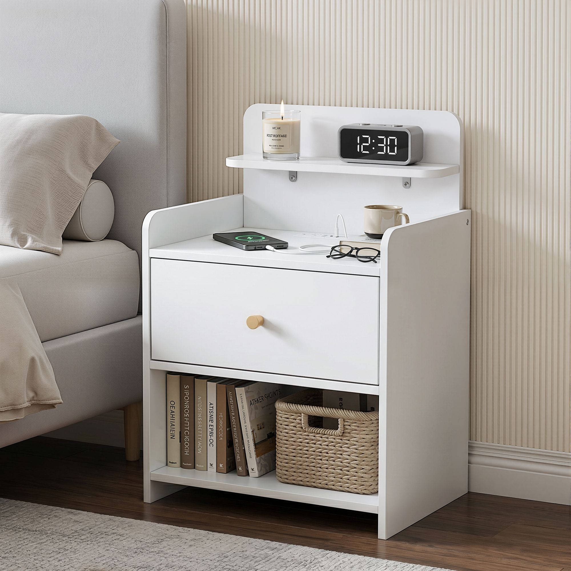 Bedside Table Drawer Charging Station White - Furniture > Bedroom > Bedside Tables - Rivercity House & Home Co. (ABN 18 642 972 209) - Affordable Modern Furniture Australia