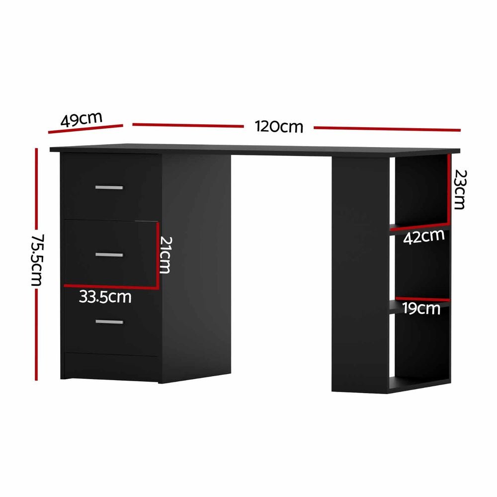 Black Computer Desk With 3 Drawers & Shelves 120cm - Furniture - Rivercity House & Home Co. (ABN 18 642 972 209) - Affordable Modern Furniture Australia