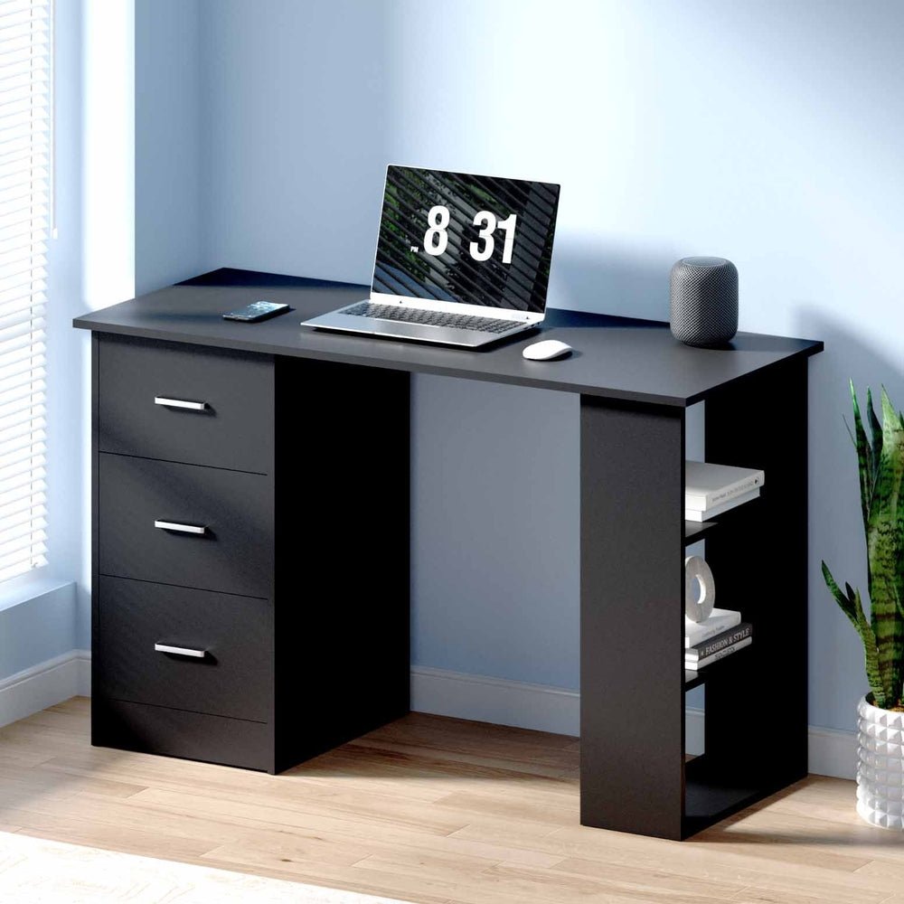 Black Computer Desk With 3 Drawers & Shelves 120cm - Furniture - Rivercity House & Home Co. (ABN 18 642 972 209) - Affordable Modern Furniture Australia
