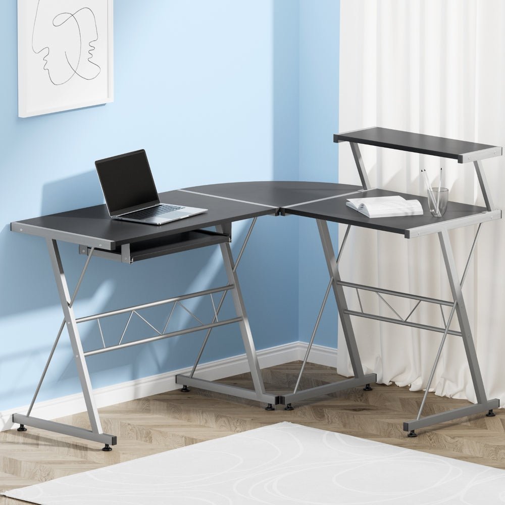 Black Metal Desk with Pull Out Keyboard Table & Shelving - Furniture - Rivercity House & Home Co. (ABN 18 642 972 209) - Affordable Modern Furniture Australia