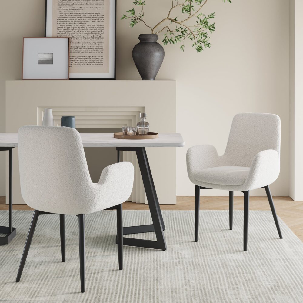 Boucle Teddy Sherpa Fabric Armrest Dining Chair Set - Black Metal Legs - Furniture > Dining > Kitchen & Dining Chairs - Rivercity House & Home Co. (ABN 18 642 972 209) - Affordable Modern Furniture Australia