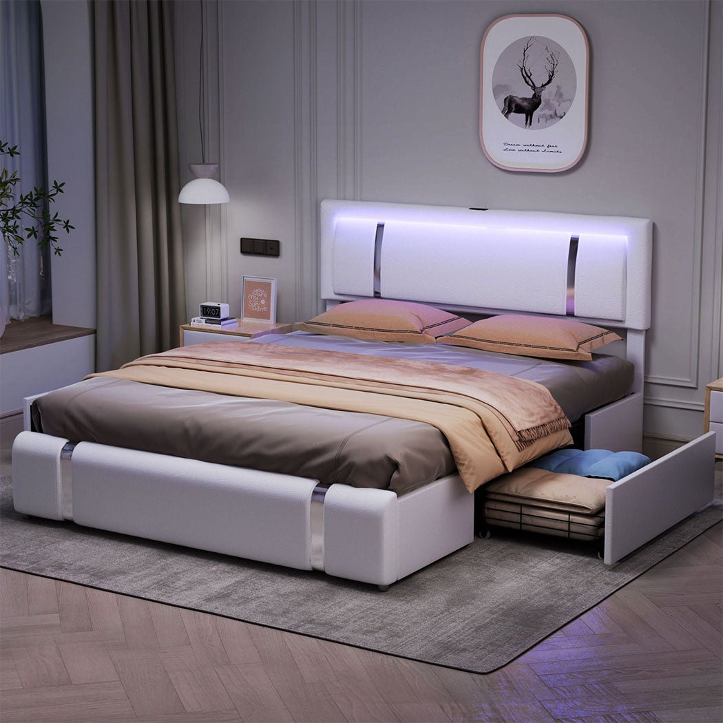 Brighton LED Storage Queen Bed Frame with USB Charging - White - Rivercity House & Home Co. (ABN 18 642 972 209) - Affordable Modern Furniture Australia