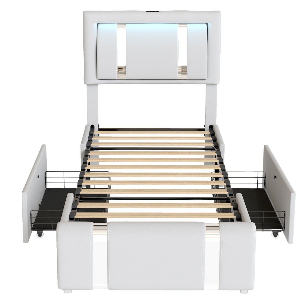 Brighton LED Storage Single Bed Frame with USB Charging - White - Rivercity House & Home Co. (ABN 18 642 972 209) - Affordable Modern Furniture Australia