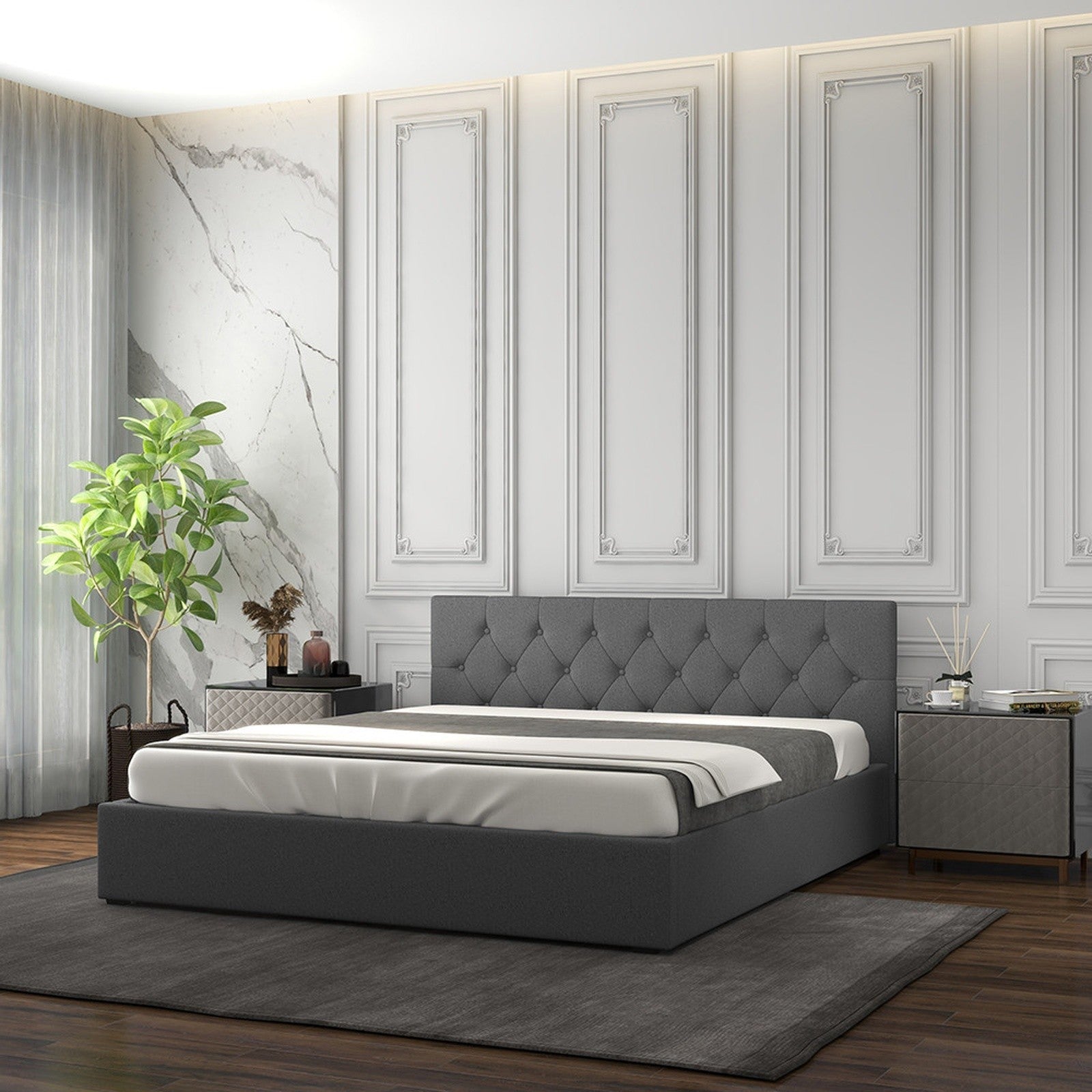 Capri Double Gas Lift Bed with Tufted Headboard - Grey No.28 - Rivercity House & Home Co. (ABN 18 642 972 209) - Affordable Modern Furniture Australia
