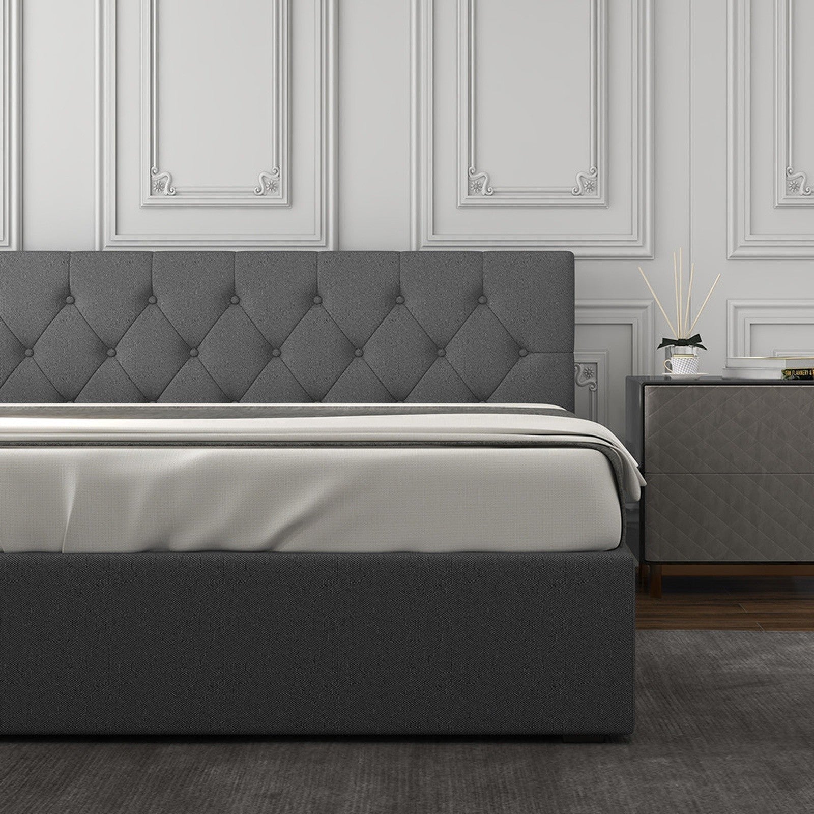 Capri Double Gas Lift Bed with Tufted Headboard - Grey No.28 - Rivercity House & Home Co. (ABN 18 642 972 209) - Affordable Modern Furniture Australia
