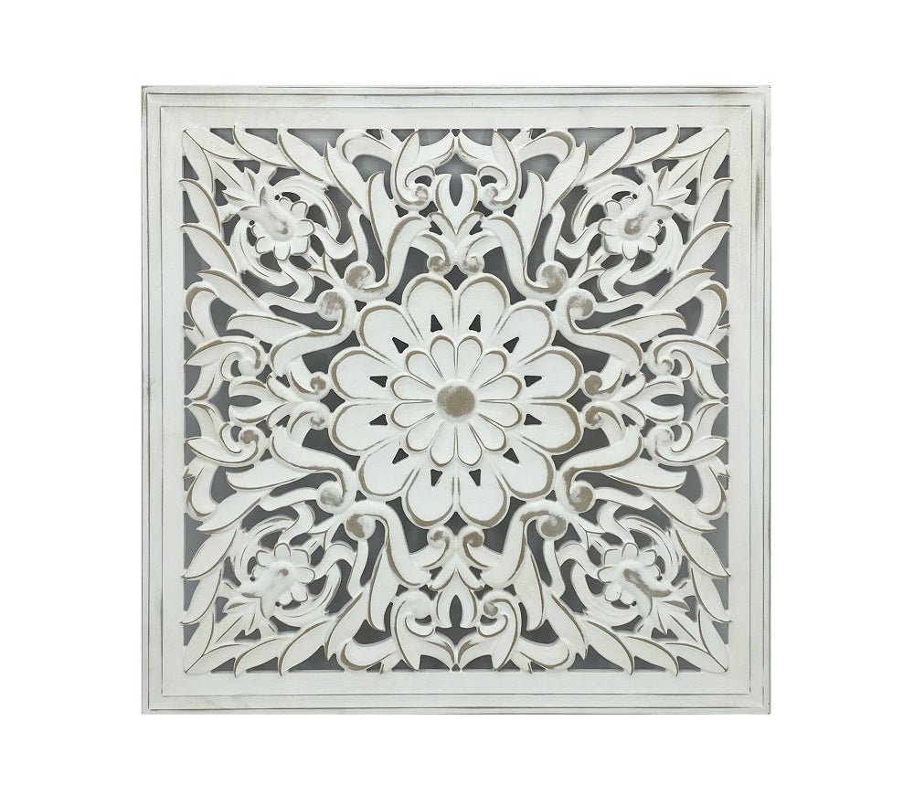Carved Square Wall Art 60cm - Antique White - Home & Garden > Wall Art > 3D Wall Art - Rivercity House & Home Co. (ABN 18 642 972 209) - Affordable Modern Furniture Australia