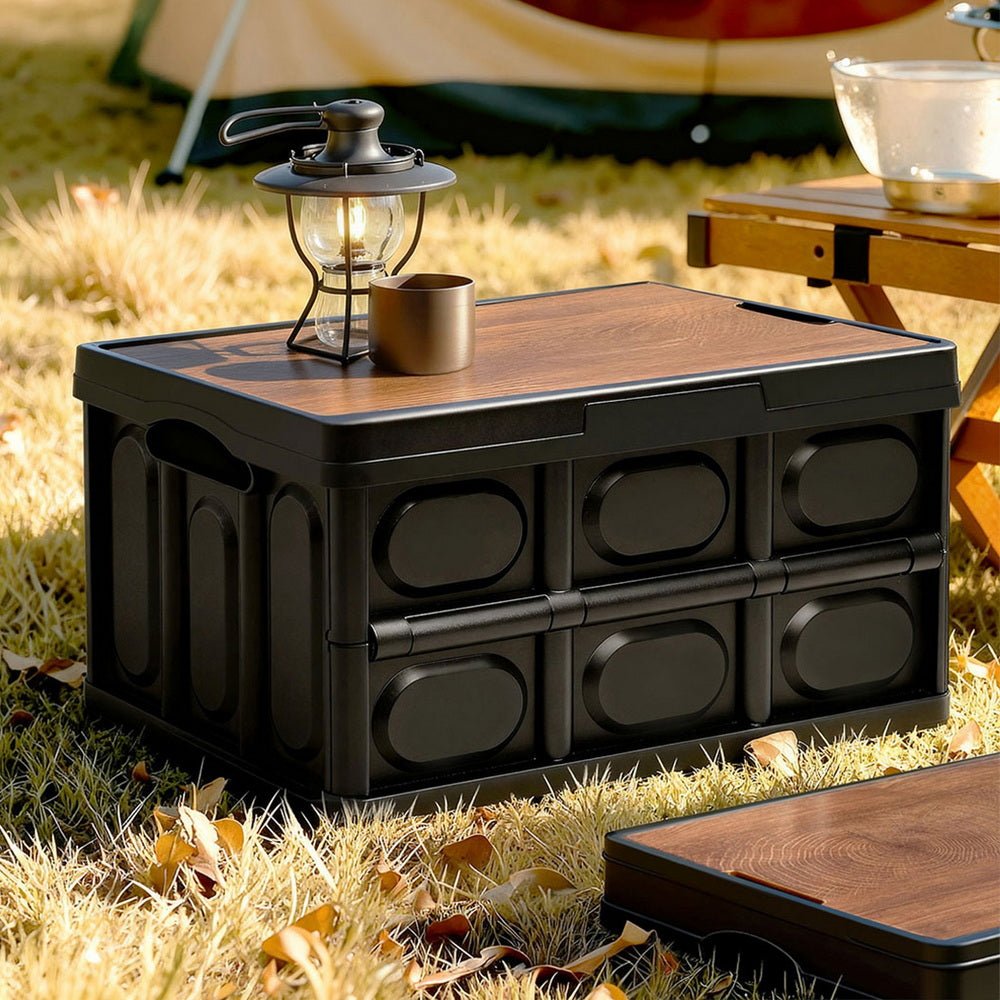 Collapsible Outdoor Storage Box 50L Stackable Folding Camping Organizer Plywood Lid Black - Home & Garden > Storage > Storage Boxes - Rivercity House & Home Co. (ABN 18 642 972 209) - Affordable Modern Furniture Australia