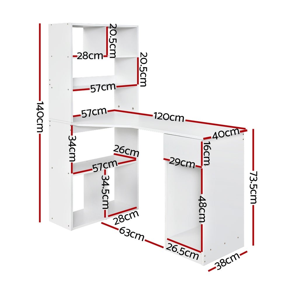 Computer Desk Bookshelf Drawer Cabinet White 120CM - Furniture > Office > Desks - Rivercity House & Home Co. (ABN 18 642 972 209) - Affordable Modern Furniture Australia