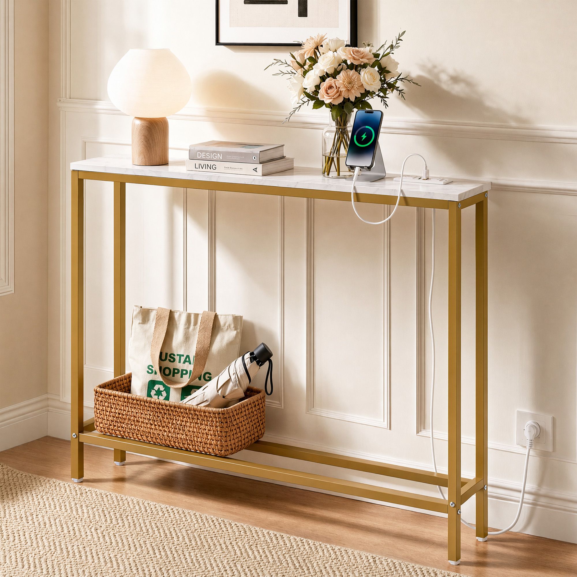 Console Table Entryway Hallway Display Desk Charging Station Marble Finish White & Gold - Furniture > Living Room > Side Tables - Rivercity House & Home Co. (ABN 18 642 972 209) - Affordable Modern Furniture Australia