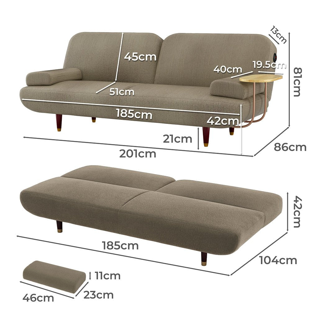Convertible 3 - Seater Sofabed with USB Charging and Removable Side Table - Khaki - Rivercity House & Home Co. (ABN 18 642 972 209) - Affordable Modern Furniture Australia