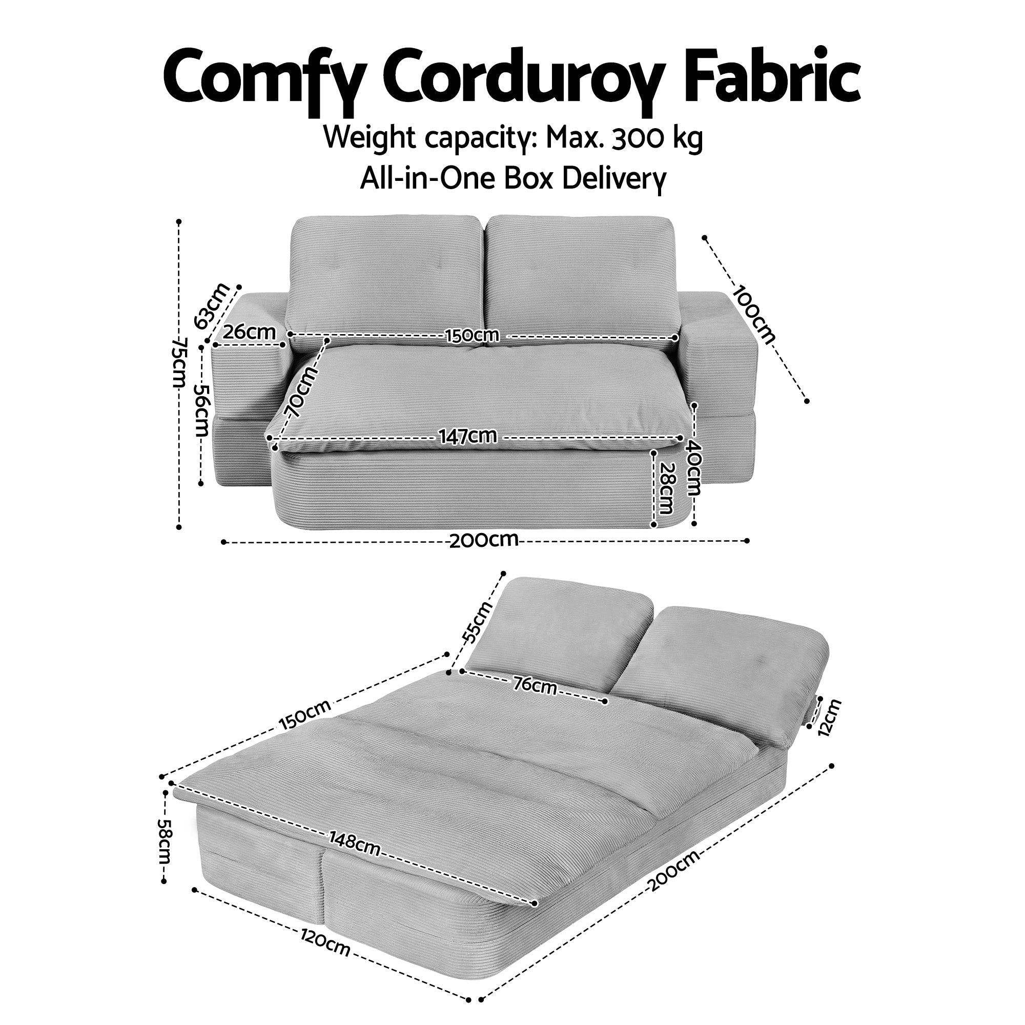Convertible Folding Sofa Bed 30D High - Density Foam Boneless Couch with Corduroy Sleeper Couch Lounger for Living Room Grey - Furniture > Sofas > Sofas & Sofa Beds - Rivercity House & Home Co. (ABN 18 642 972 209) - Affordable Modern Furniture Australia