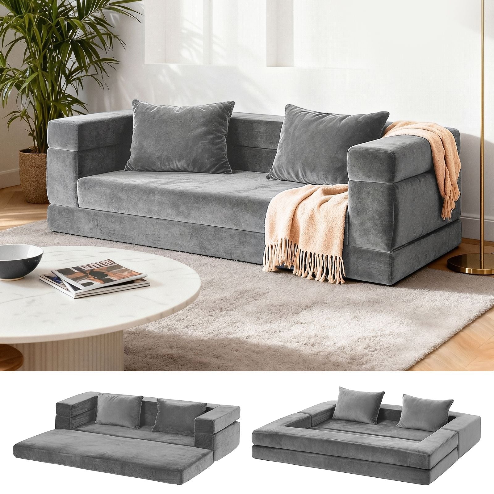 Convertible Folding Sofa Bed Pull Out Mattress Foldable Lounge Couch Grey - Furniture > Sofas > Sofas & Sofa Beds - Rivercity House & Home Co. (ABN 18 642 972 209) - Affordable Modern Furniture Australia