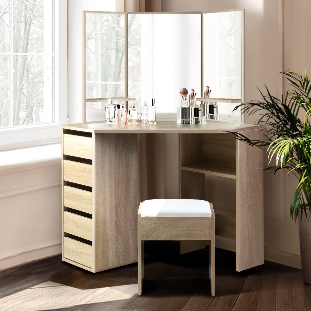 Corner Dressing Table With Mirror Oak - Rivercity House & Home Co. (ABN 18 642 972 209) - Affordable Modern Furniture Australia