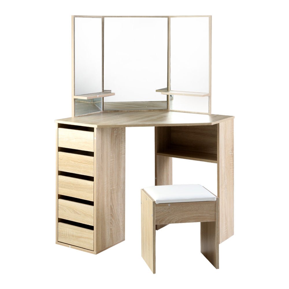 Corner Dressing Table With Mirror Oak - Rivercity House & Home Co. (ABN 18 642 972 209) - Affordable Modern Furniture Australia
