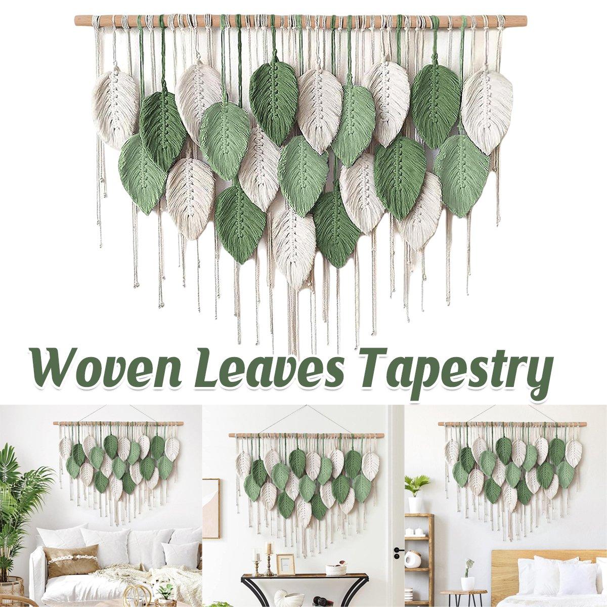 Cotton Rope Woven Leaves Tapestry Wall Hanging for Living Room Bedroom Decor - Green and White - Home & Garden > Wall Art > 3D Wall Art - Rivercity House & Home Co. (ABN 18 642 972 209) - Affordable Modern Furniture Australia