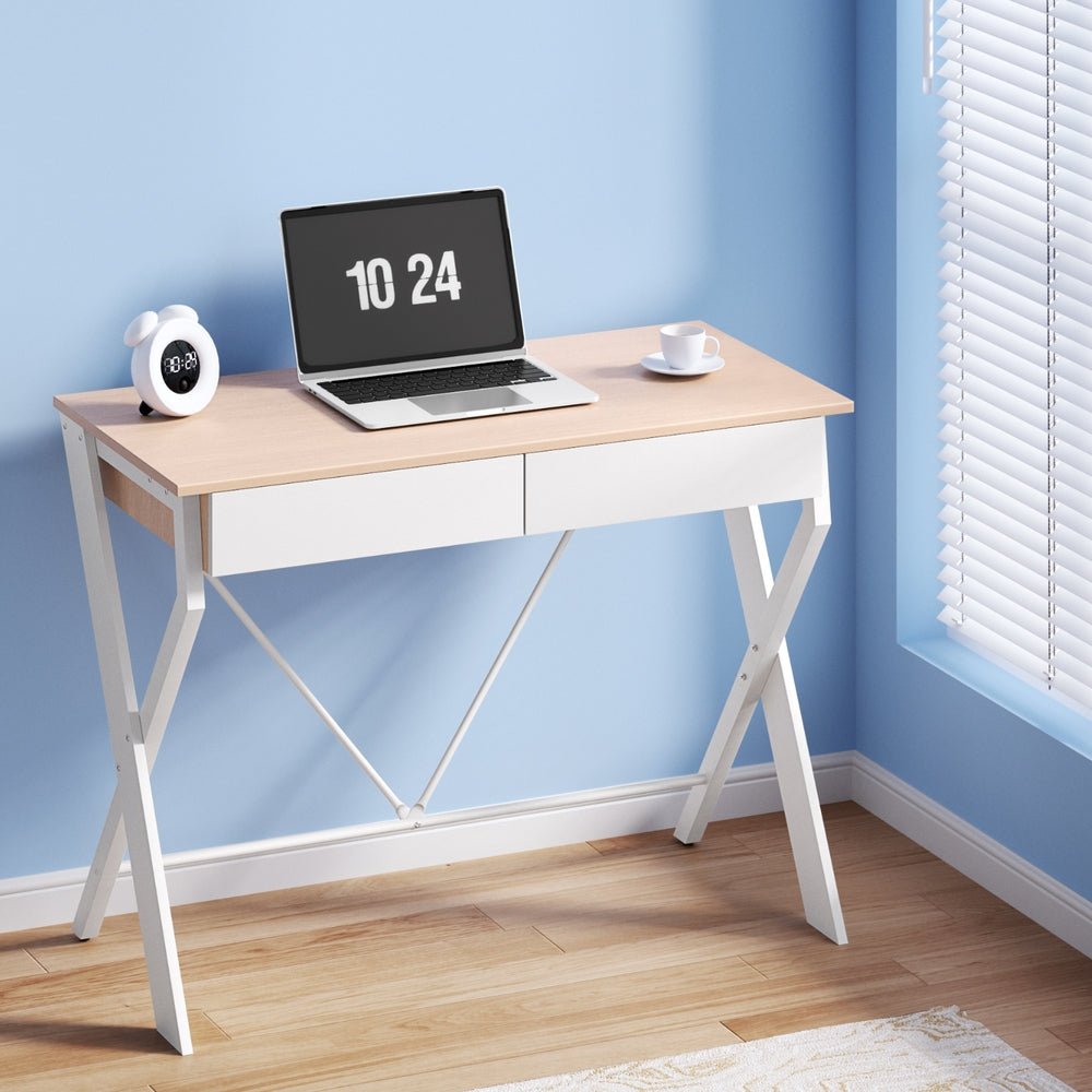 Desk with 2 Storage Drawers (White with Oak Top) - Rivercity House & Home Co. (ABN 18 642 972 209) - Affordable Modern Furniture Australia
