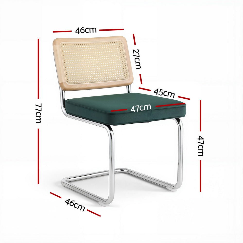 Dining Chairs Set of 2 Velvet Rattan Cantilever Green - Furniture > Dining > Kitchen & Dining Chairs - Rivercity House & Home Co. (ABN 18 642 972 209) - Affordable Modern Furniture Australia