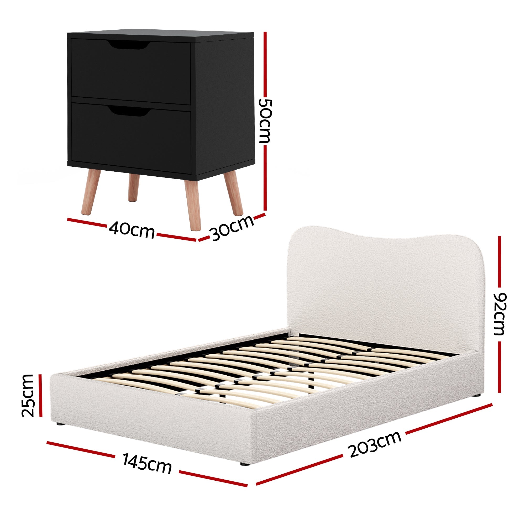 Double Bed Frame and Bedside Table Set Boucle Beige with Headboard Black Nightstand - Furniture > Bedroom > Beds & Bed Frames - Rivercity House & Home Co. (ABN 18 642 972 209) - Affordable Modern Furniture Australia