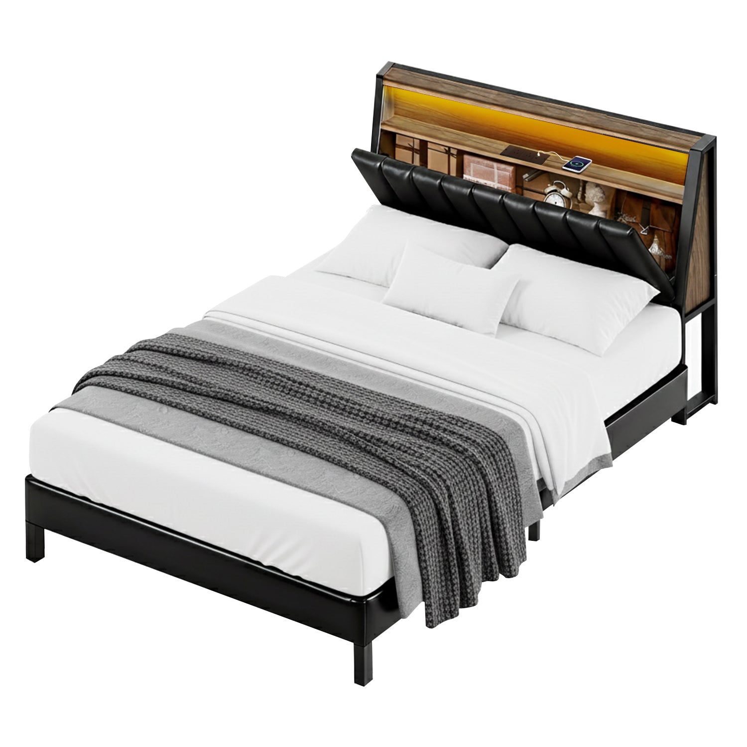 Double Bed Frame LED Storage Headboard with Charging Station Black - Furniture > Bedroom > Beds & Bed Frames - Rivercity House & Home Co. (ABN 18 642 972 209) - Affordable Modern Furniture Australia
