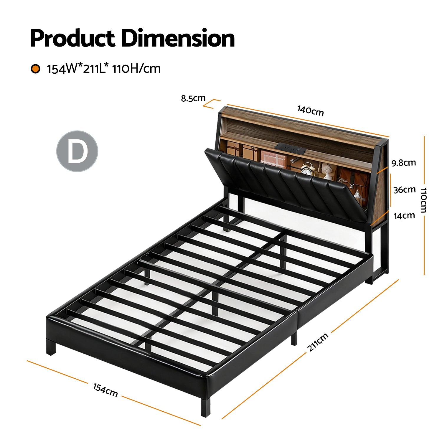 Double Bed Frame LED Storage Headboard with Charging Station Black - Furniture > Bedroom > Beds & Bed Frames - Rivercity House & Home Co. (ABN 18 642 972 209) - Affordable Modern Furniture Australia