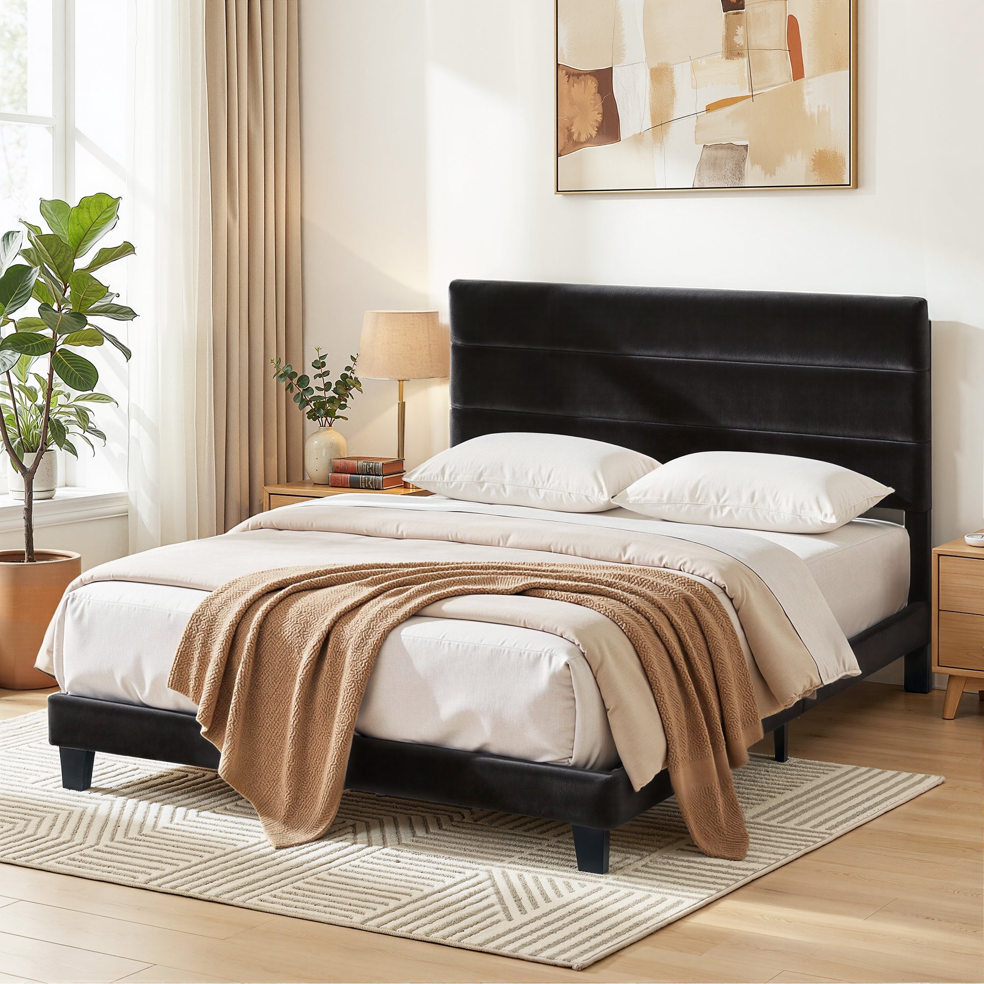 Double Bed Frame Upholstered Platform Base with Geometric Headboard Black Velvet - Furniture > Bedroom > Beds & Bed Frames - Rivercity House & Home Co. (ABN 18 642 972 209) - Affordable Modern Furniture Australia