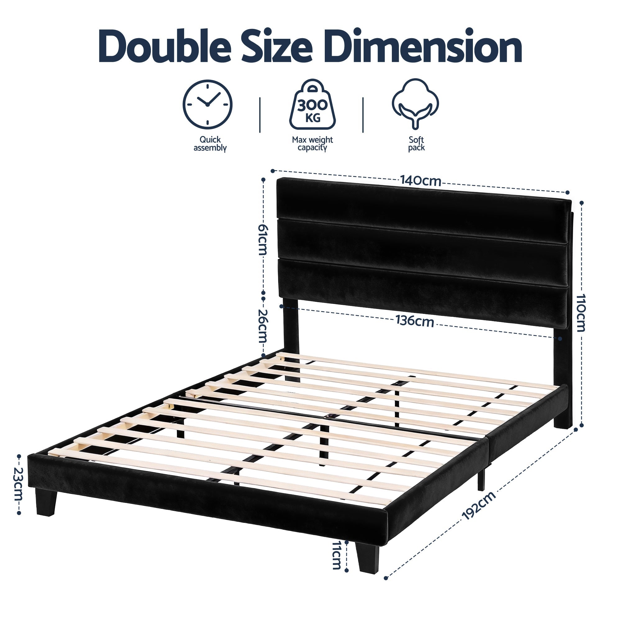 Double Bed Frame Upholstered Platform Base with Geometric Headboard Black Velvet - Furniture > Bedroom > Beds & Bed Frames - Rivercity House & Home Co. (ABN 18 642 972 209) - Affordable Modern Furniture Australia
