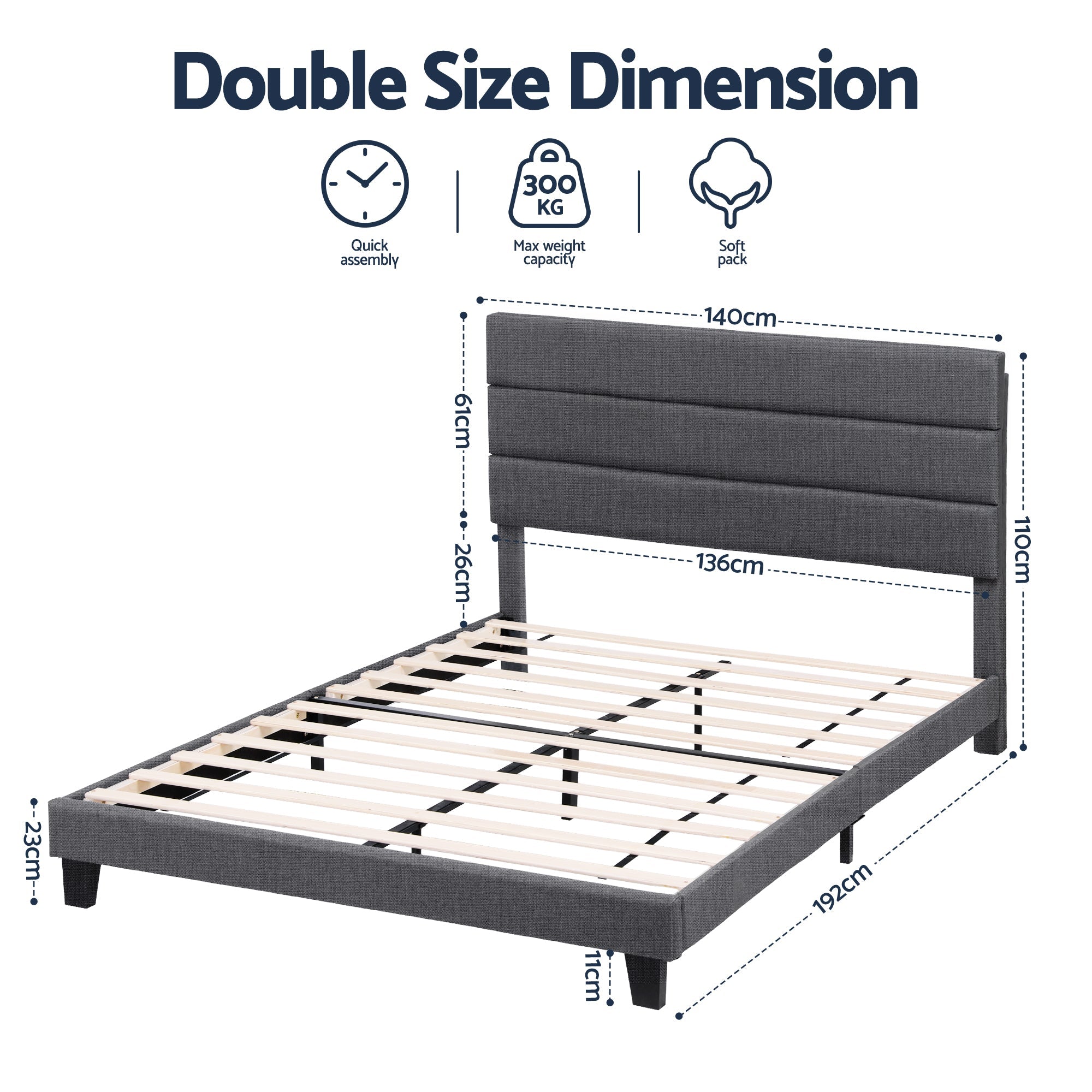 Double Bed Frame Upholstered Platform Base with Geometric Headboard Charcoal Grey Linen Wood Slats for Modern Bedroom Furniture Home Decor - Furniture > Bedroom > Beds & Bed Frames - Rivercity House & Home Co. (ABN 18 642 972 209) - Affordable Modern Furniture Australia