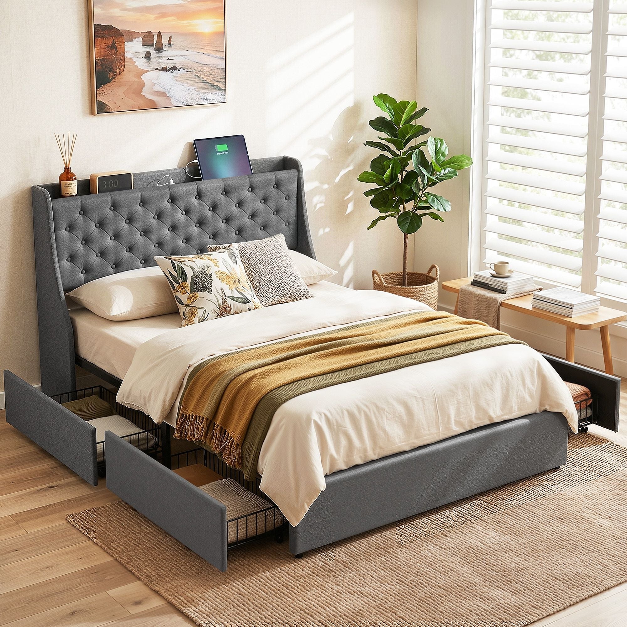 Double Bed Frame with 4 Storage Drawers and Charging Station Tufted Wingback Headboard 300kg Loads Charcoal Grey - Furniture > Bedroom > Beds & Bed Frames - Rivercity House & Home Co. (ABN 18 642 972 209) - Affordable Modern Furniture Australia
