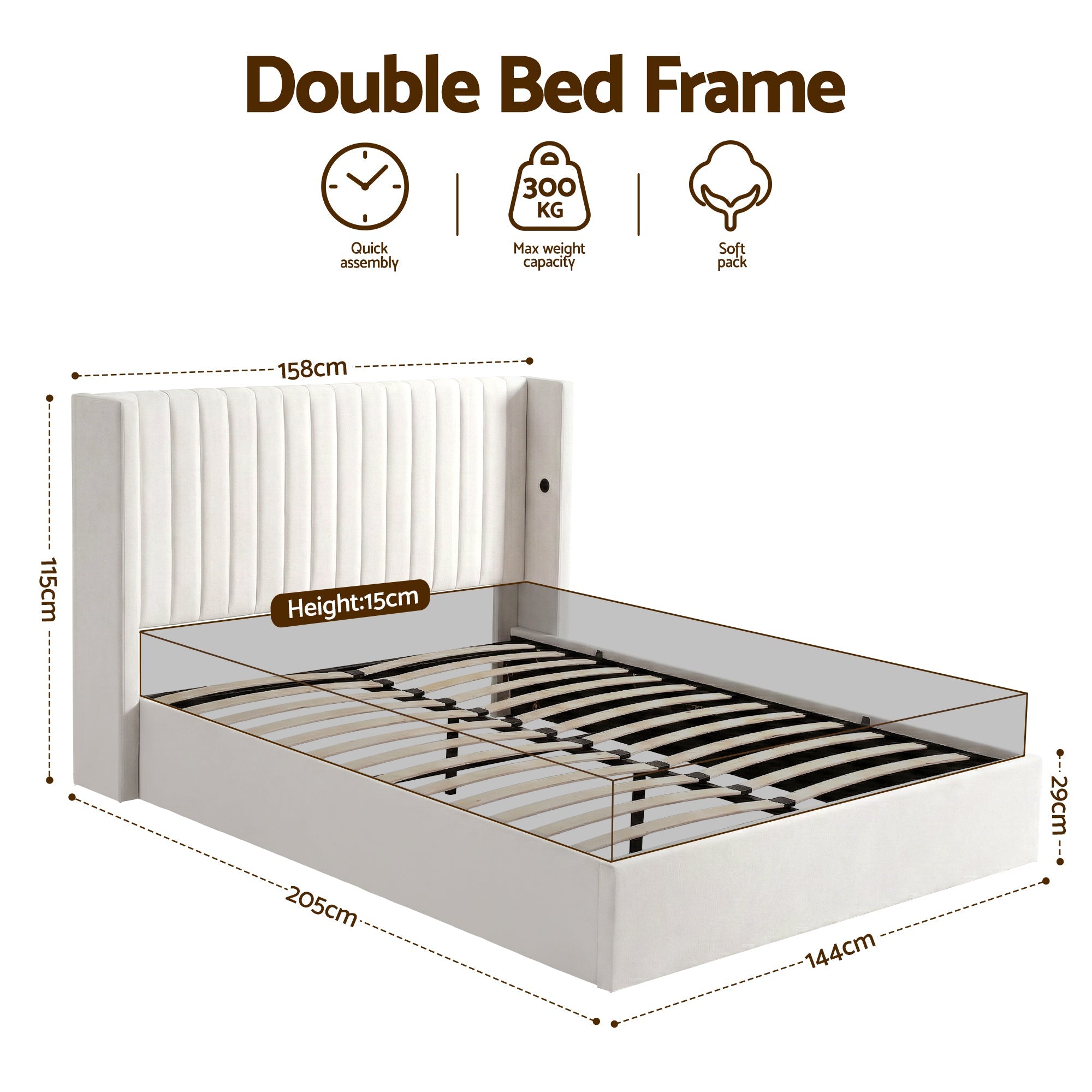 Double Bed Frame with Gaslift Storage USB Type - C Charging Ports Velvet Upholstery White - Furniture > Bedroom > Beds & Bed Frames - Rivercity House & Home Co. (ABN 18 642 972 209) - Affordable Modern Furniture Australia