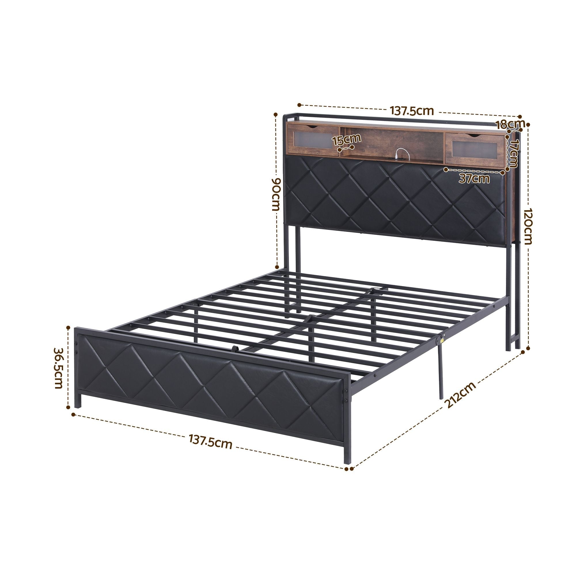 Double Bed Frame with LED Lights Storage Headboard 2 USB 2 AC Outlets Charging Station - Furniture > Bedroom > Beds & Bed Frames - Rivercity House & Home Co. (ABN 18 642 972 209) - Affordable Modern Furniture Australia
