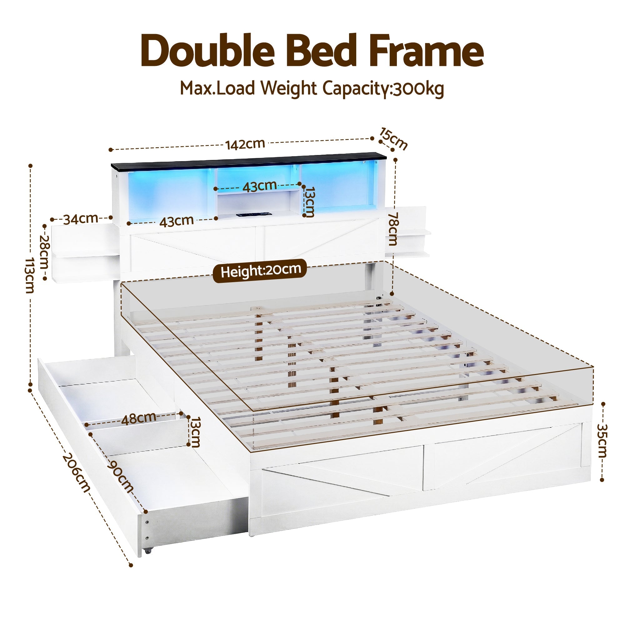 Double Bed Frame with Storage Drawers White Platform Bedframe with Bookcase Headboard Charging Station Led Light - Furniture > Bedroom > Beds & Bed Frames - Rivercity House & Home Co. (ABN 18 642 972 209) - Affordable Modern Furniture Australia