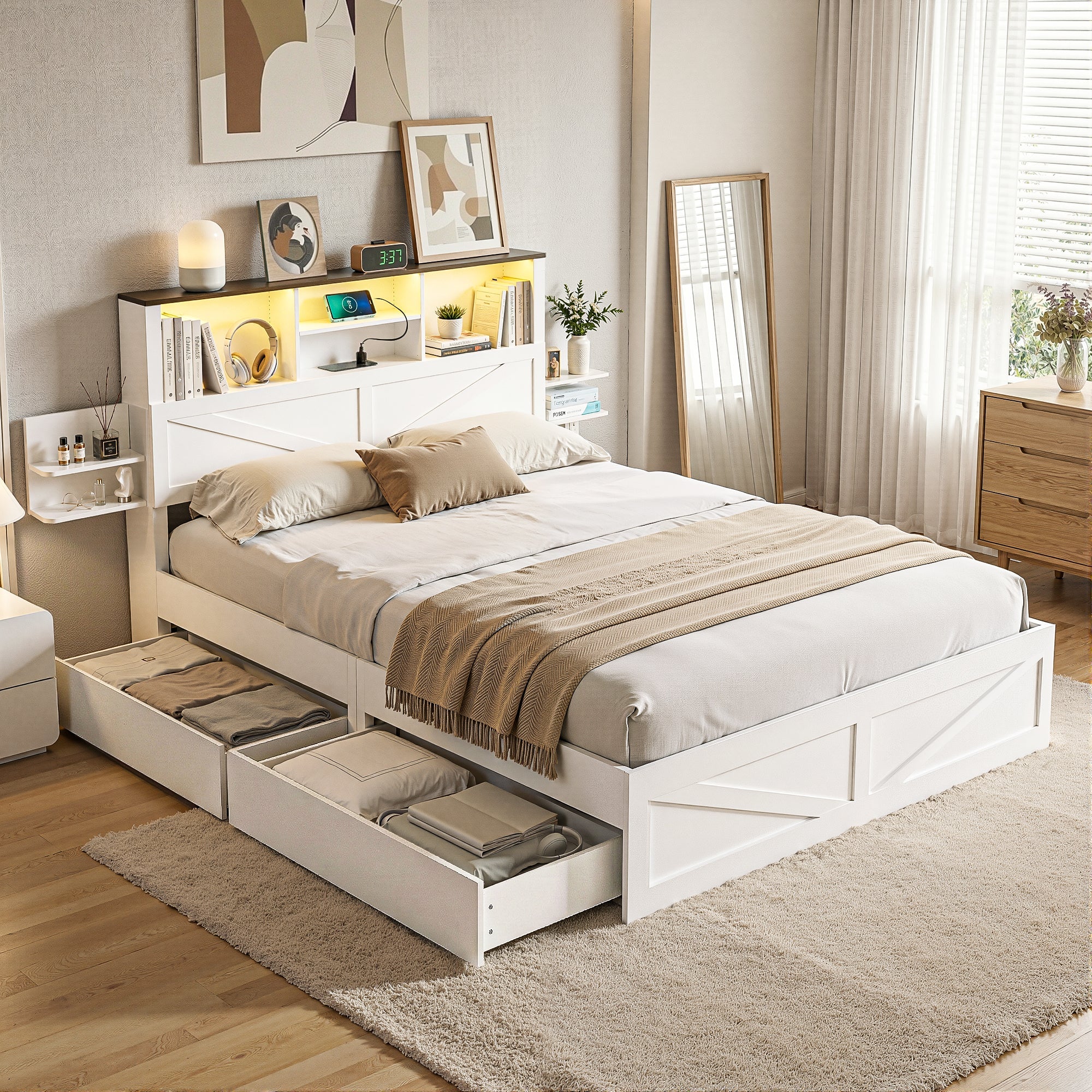 Double Bed Frame with Storage Drawers White Platform Bedframe with Bookcase Headboard Charging Station Led Light - Furniture > Bedroom > Beds & Bed Frames - Rivercity House & Home Co. (ABN 18 642 972 209) - Affordable Modern Furniture Australia