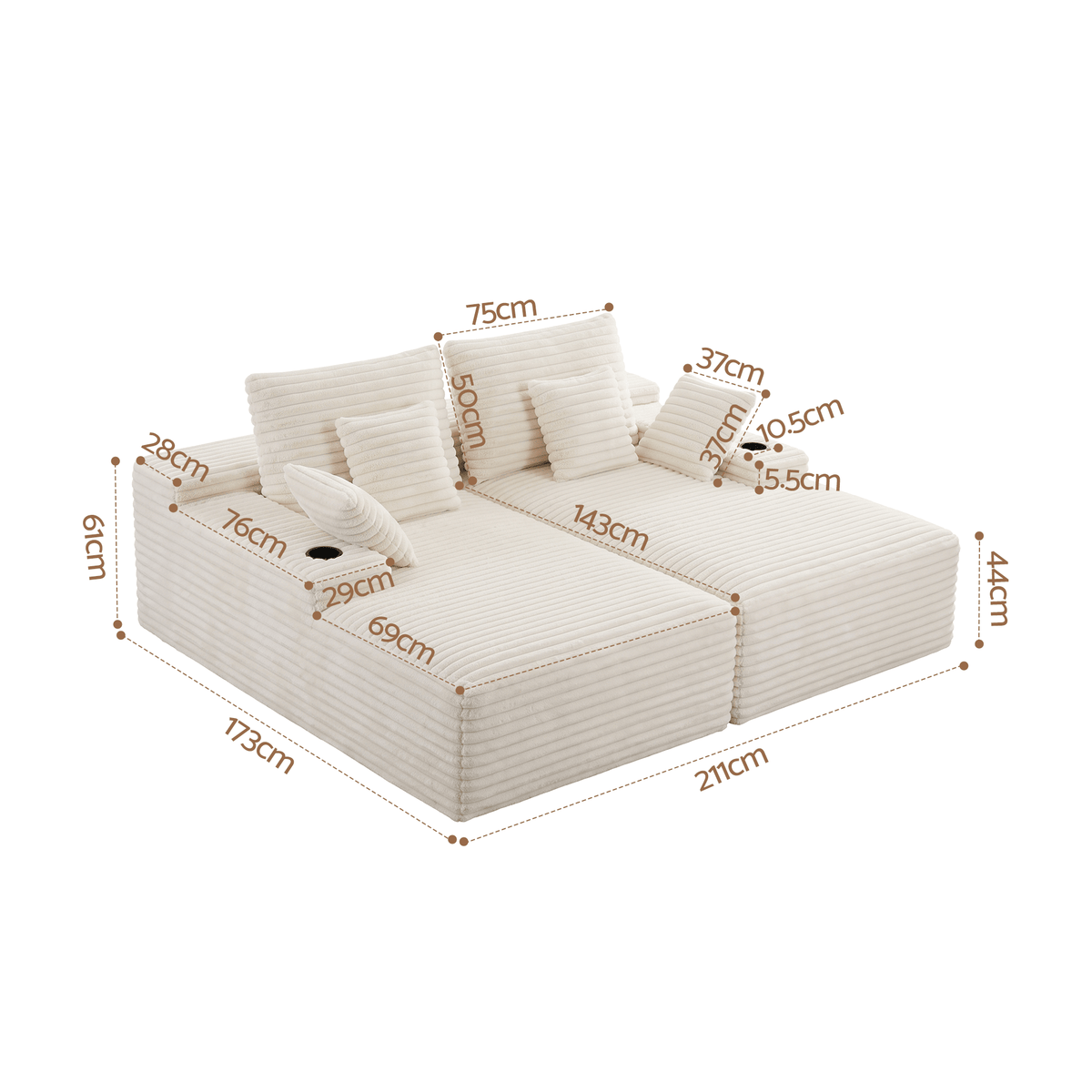 Double Chaise Lounge Modular 2-Seater Sofa with Faux Fur Fabric and Cup Holders - Beige - Furniture > Sofas > Sofas & Sofa Beds - Rivercity House & Home Co. (ABN 18 642 972 209) - Affordable Modern Furniture Australia