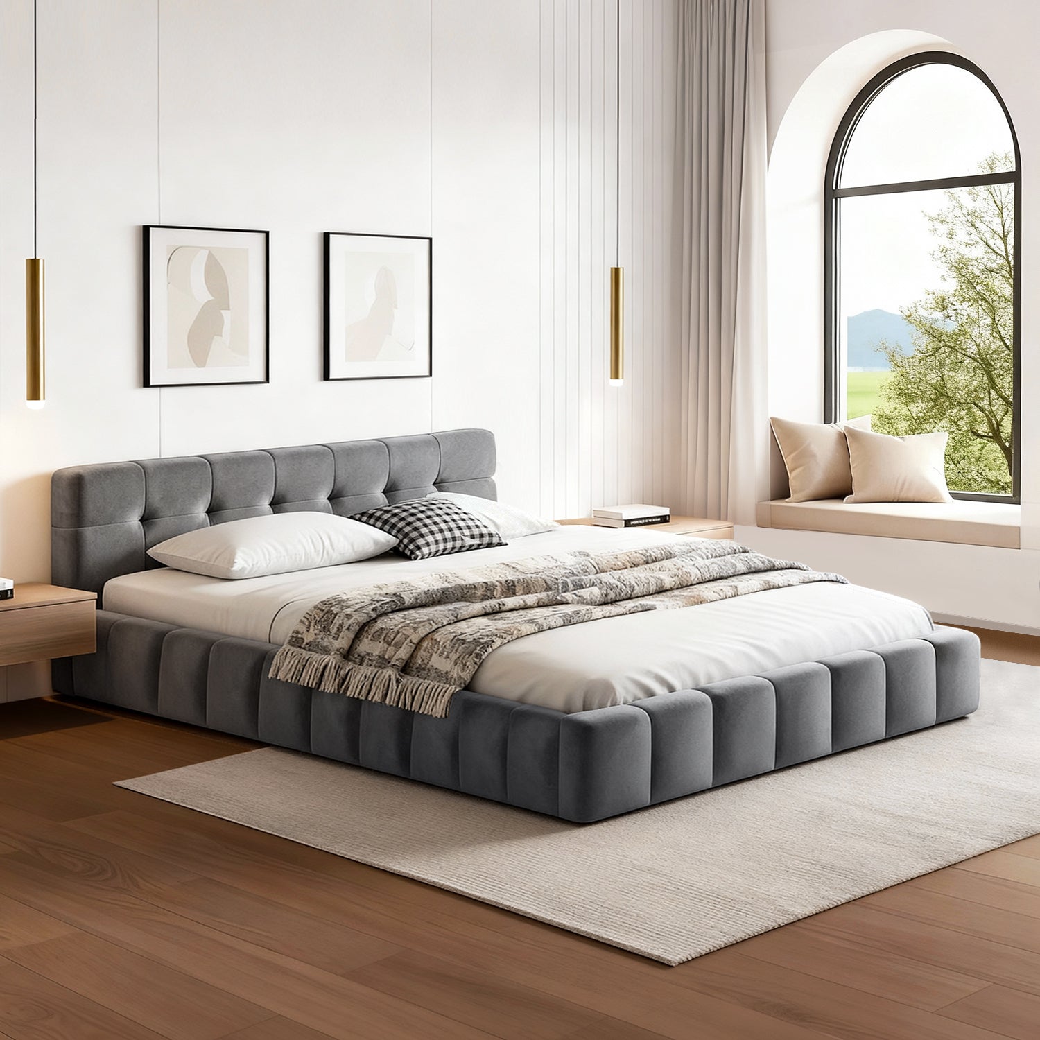 Double Size Bed Frame Plush Soft Headboard Velvet Platform Base for Modern Bedrooms Grey - Furniture > Bedroom > Beds & Bed Frames - Rivercity House & Home Co. (ABN 18 642 972 209) - Affordable Modern Furniture Australia