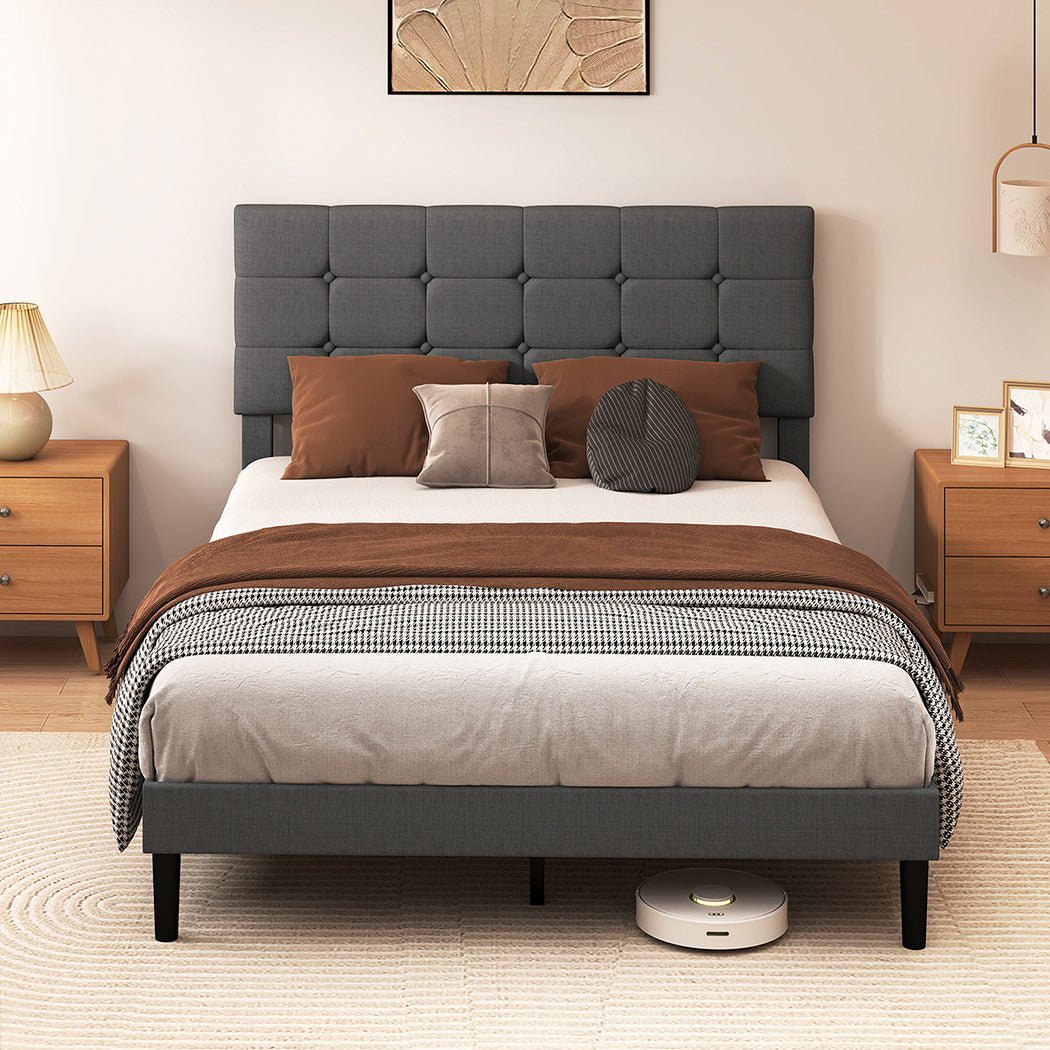 Double Upholstered Platform Bed Frame with Storage - Grey - Rivercity House & Home Co. (ABN 18 642 972 209) - Affordable Modern Furniture Australia