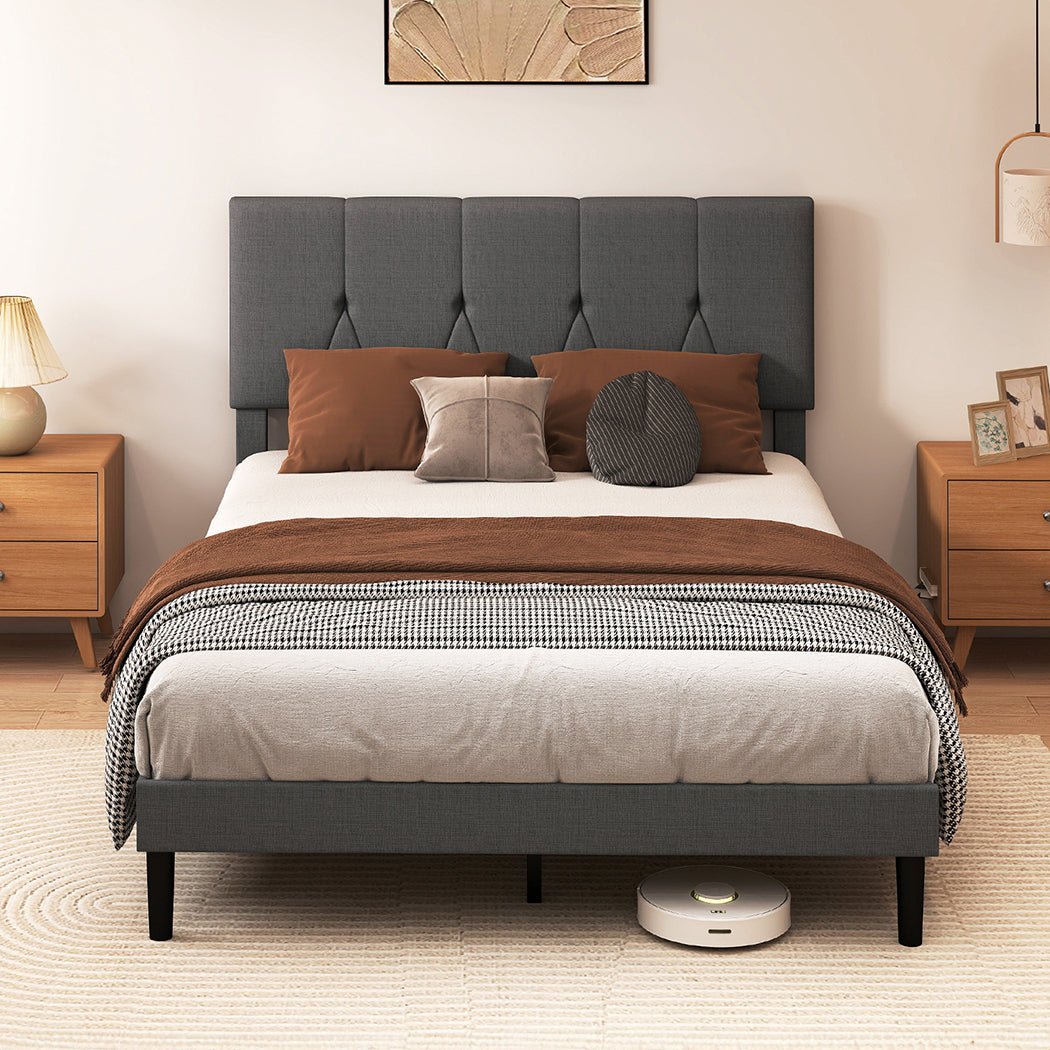 Double Upholstered Platform Bed Frame with Storage - Grey - Rivercity House & Home Co. (ABN 18 642 972 209) - Affordable Modern Furniture Australia