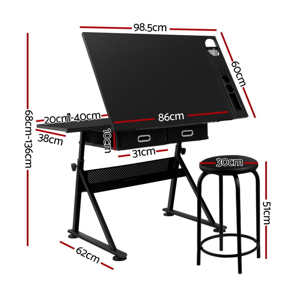 Drawing Desk Stool Set Drafting Table Adjustable Angle Tilt Drawers Black - Furniture > Office > Desks - Rivercity House & Home Co. (ABN 18 642 972 209) - Affordable Modern Furniture Australia