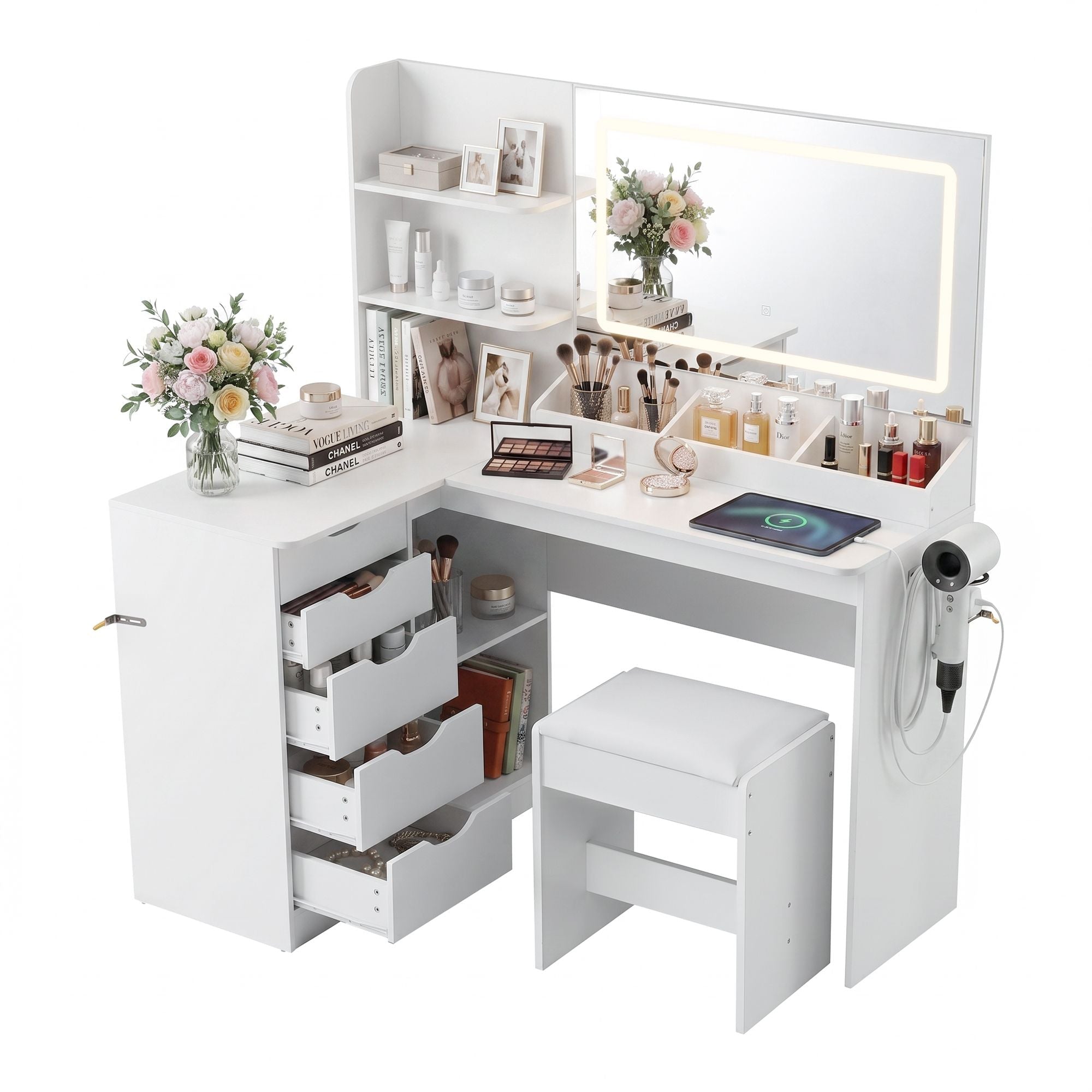 Dressing Table Corner Vanity Desk Set Stool LED Charging Station White - Furniture > Bedroom > Dressing Vanity & Dressing Tables - Rivercity House & Home Co. (ABN 18 642 972 209) - Affordable Modern Furniture Australia