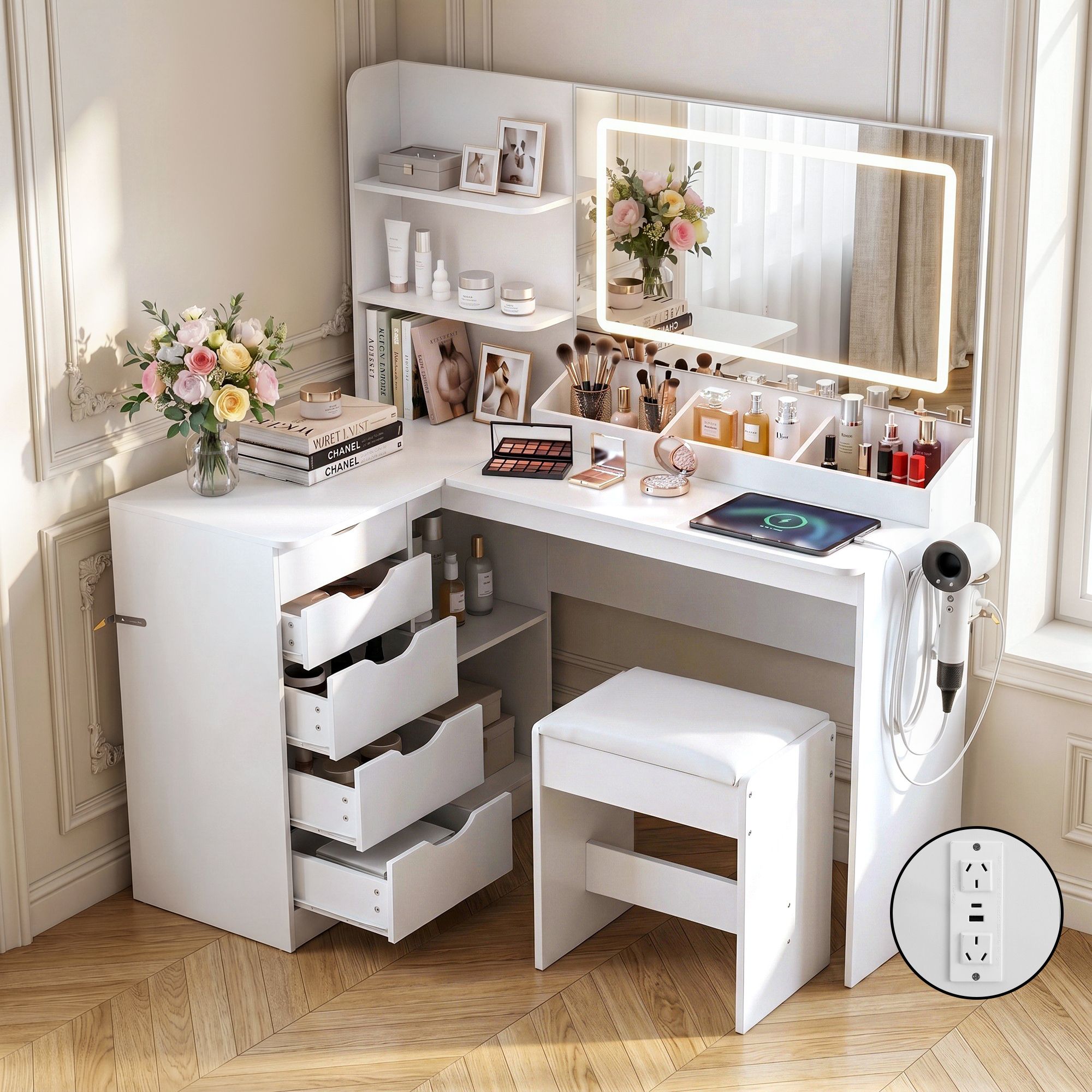 Dressing Table Corner Vanity Desk Set Stool LED Charging Station White - Furniture > Bedroom > Dressing Vanity & Dressing Tables - Rivercity House & Home Co. (ABN 18 642 972 209) - Affordable Modern Furniture Australia