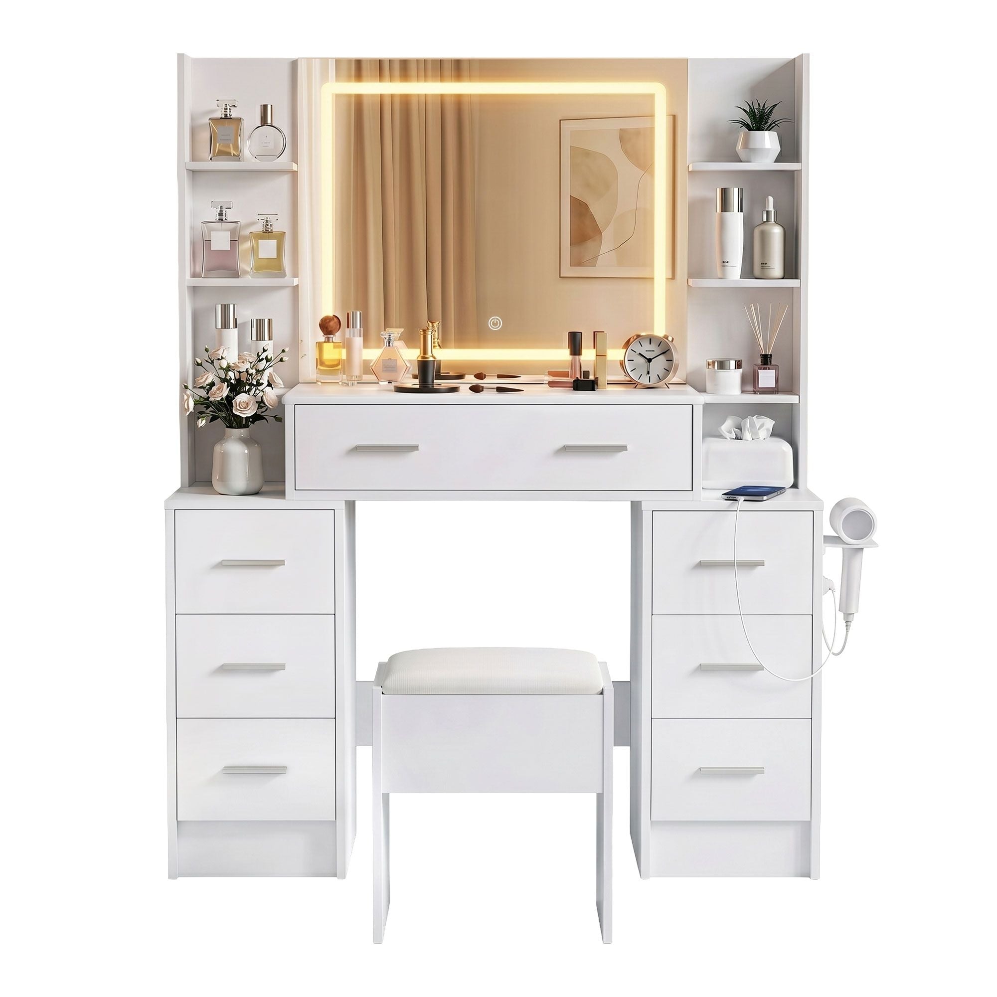 Dressing Table Vanity Desk Set Stool LED Charging Station White - Furniture > Bedroom > Dressing Vanity & Dressing Tables - Rivercity House & Home Co. (ABN 18 642 972 209) - Affordable Modern Furniture Australia