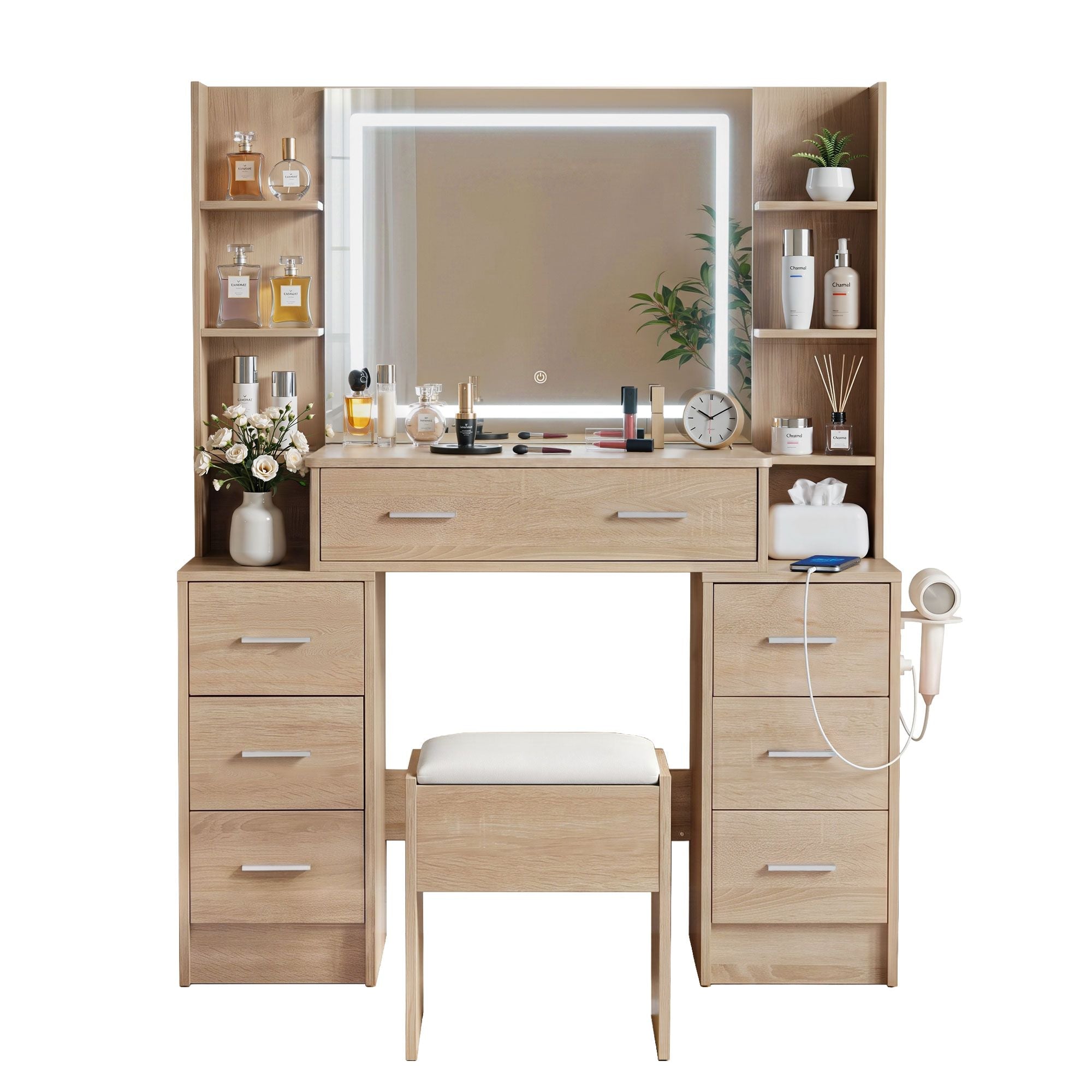 Dressing Table Vanity Desk Set Stool LED Charging Station Wood - Furniture > Bedroom > Dressing Vanity & Dressing Tables - Rivercity House & Home Co. (ABN 18 642 972 209) - Affordable Modern Furniture Australia