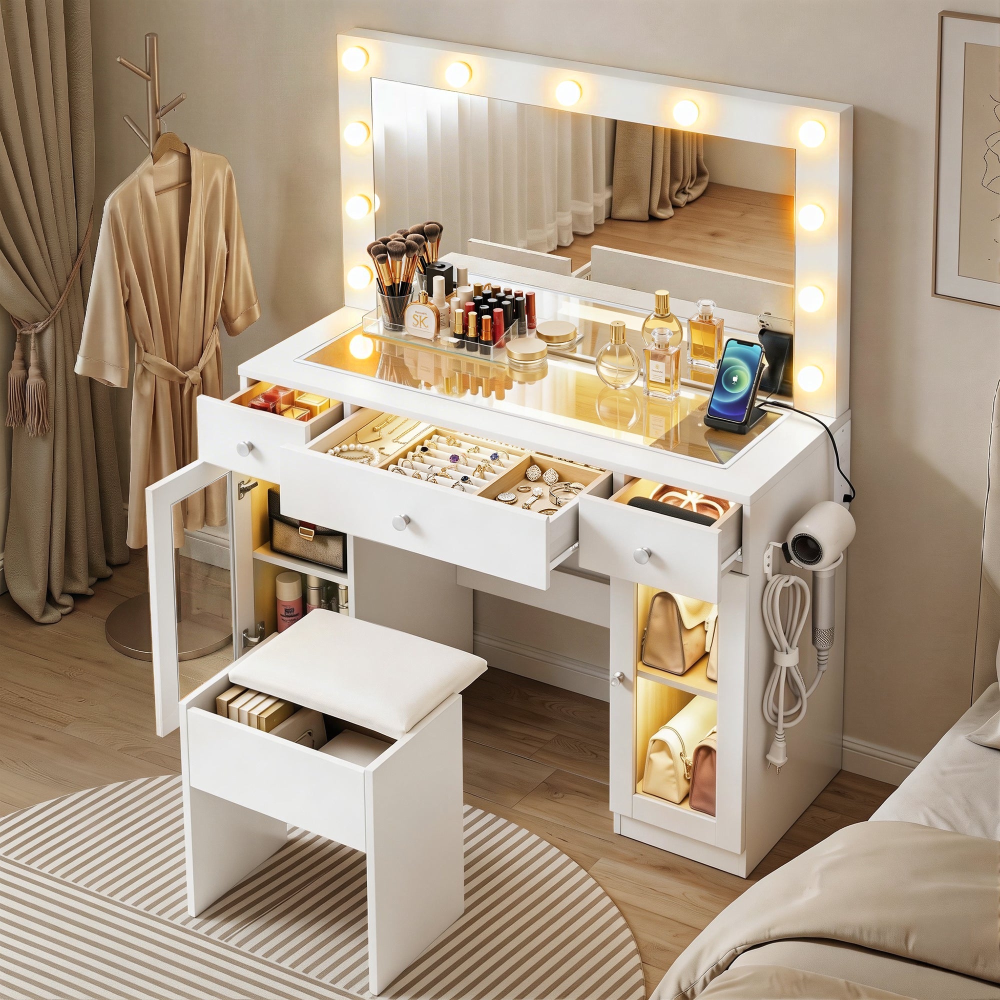 Dressing Table Vanity Desk Set with LED & RGB Lights - White - Furniture > Bedroom > Dressing Vanity & Dressing Tables - Rivercity House & Home Co. (ABN 18 642 972 209) - Affordable Modern Furniture Australia