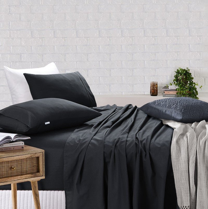 Elan Linen 100% Egyptian Cotton Vintage Washed 500TC Charcoal Single Bed Sheets Set - Rivercity House & Home Co. (ABN 18 642 972 209) - Affordable Modern Furniture Australia