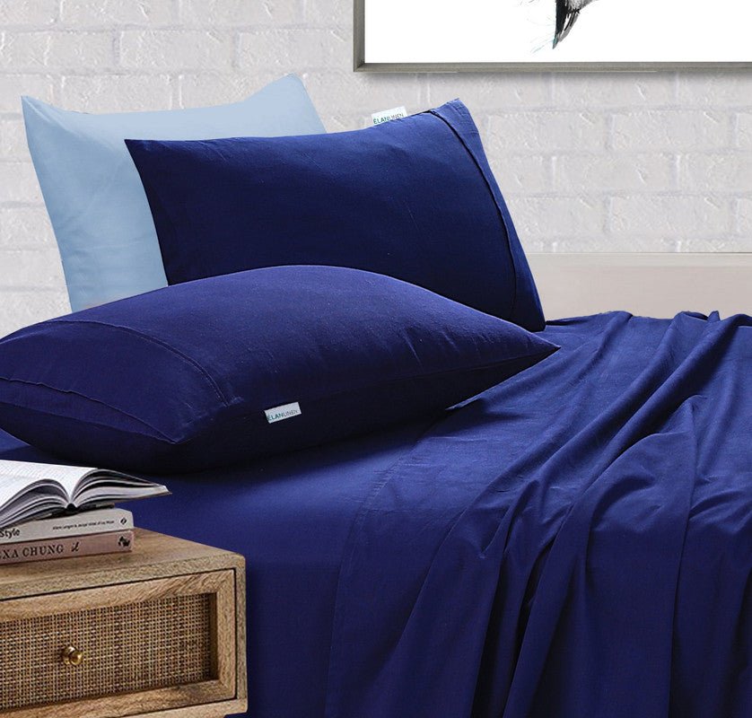 Elan Linen 100% Egyptian Cotton Vintage Washed 500TC Navy Blue 50 cm Deep Mega Queen Bed Sheets Set - Rivercity House & Home Co. (ABN 18 642 972 209) - Affordable Modern Furniture Australia
